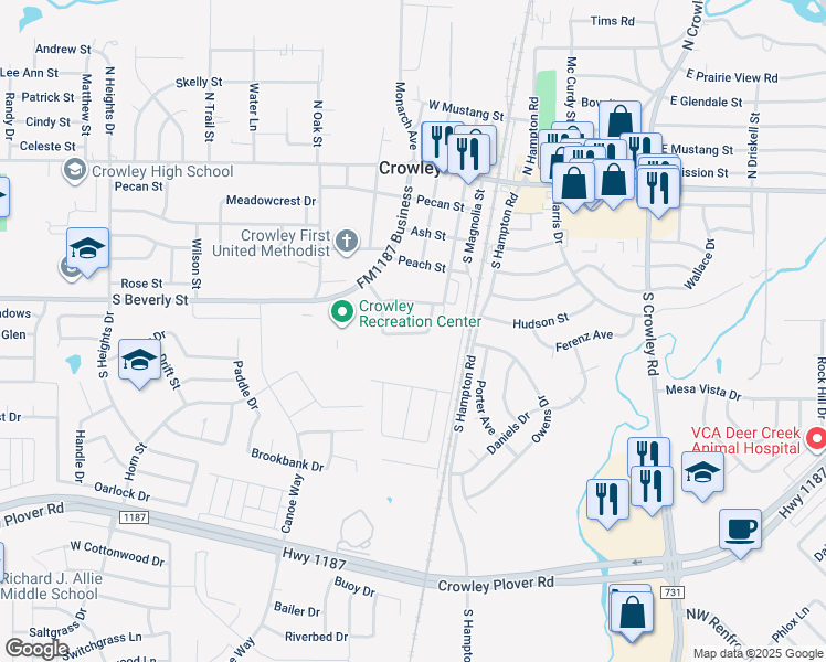 map of restaurants, bars, coffee shops, grocery stores, and more near 206 Robin Street in Crowley