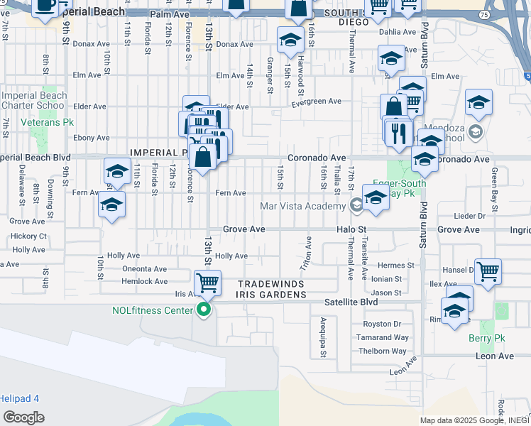 map of restaurants, bars, coffee shops, grocery stores, and more near 1227 Granger Street in Imperial Beach