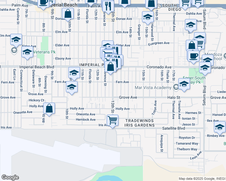 map of restaurants, bars, coffee shops, grocery stores, and more near 1234 Georgia Street in Imperial Beach