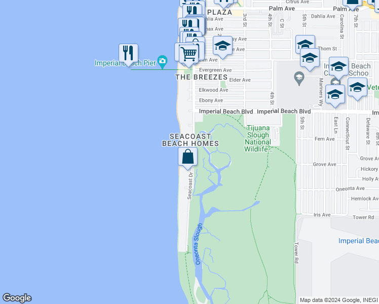 map of restaurants, bars, coffee shops, grocery stores, and more near 1252 Seacoast Drive in Imperial Beach