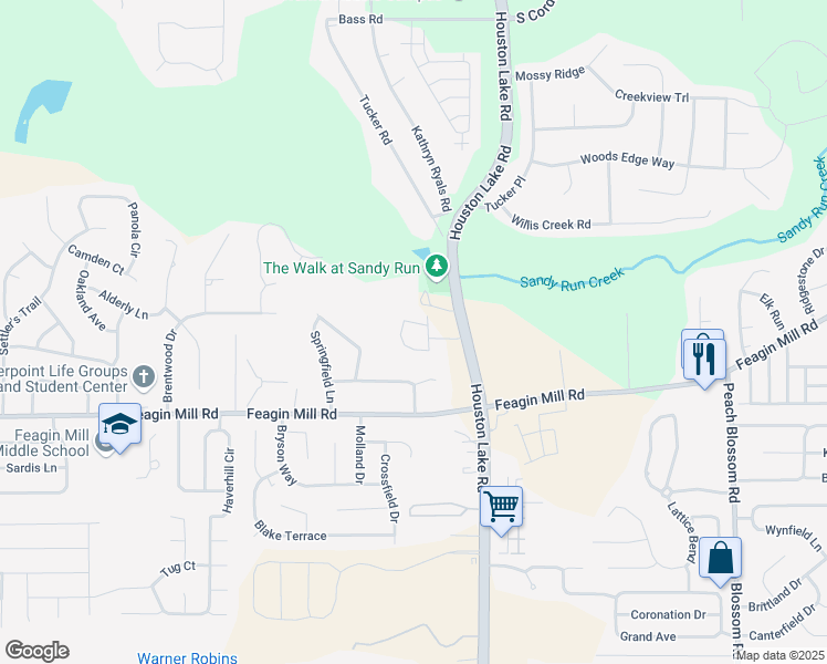 map of restaurants, bars, coffee shops, grocery stores, and more near 1131 South Houston Lake Road in Warner Robins