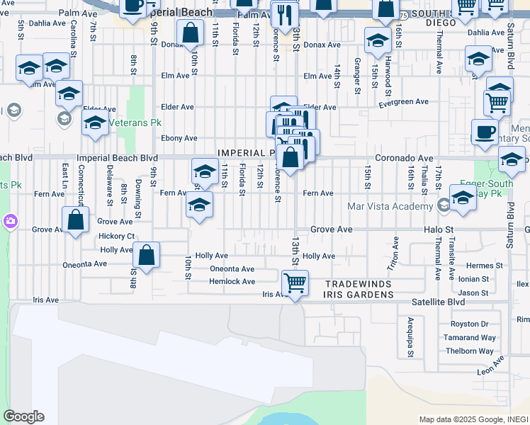 map of restaurants, bars, coffee shops, grocery stores, and more near 1249 12th Street in Imperial Beach