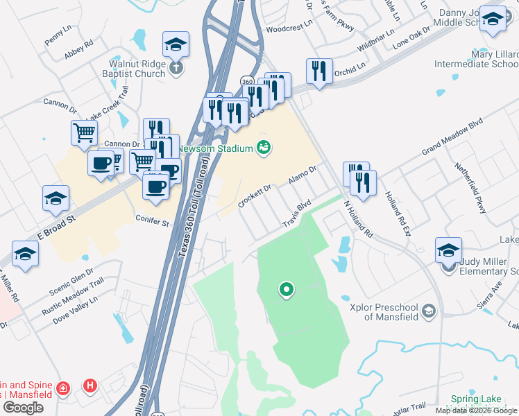 map of restaurants, bars, coffee shops, grocery stores, and more near 717 San Antonio Trail in Mansfield