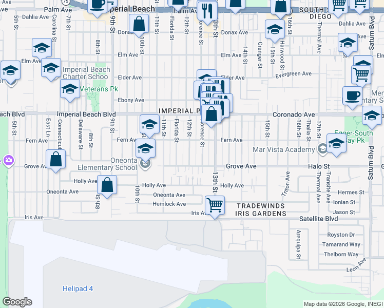map of restaurants, bars, coffee shops, grocery stores, and more near 1249 12th Street in Imperial Beach