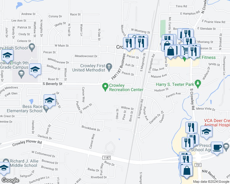 map of restaurants, bars, coffee shops, grocery stores, and more near 428 Amber Lane in Crowley