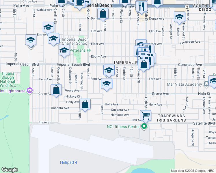 map of restaurants, bars, coffee shops, grocery stores, and more near 1094 Grove Avenue in Imperial Beach