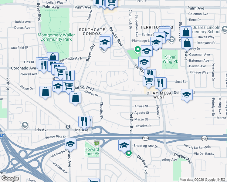 map of restaurants, bars, coffee shops, grocery stores, and more near 3414 Del Sol Boulevard in San Diego