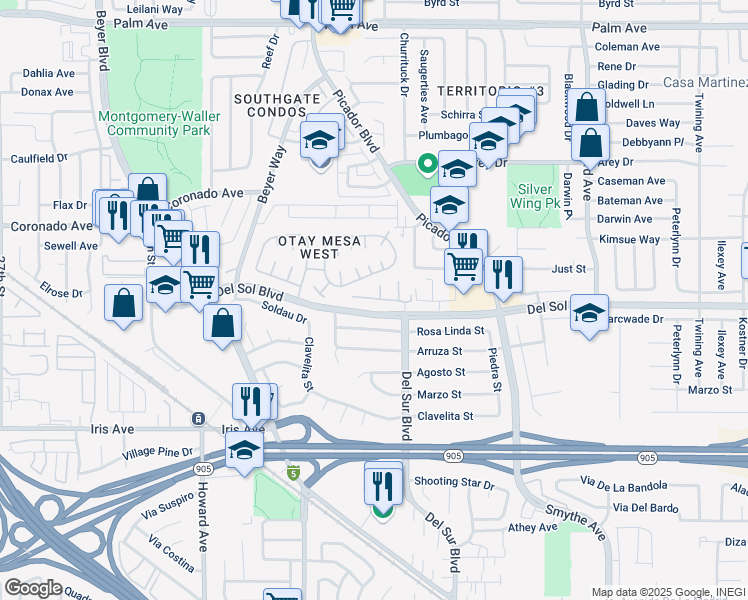 map of restaurants, bars, coffee shops, grocery stores, and more near 3434 Del Sol Boulevard in San Diego