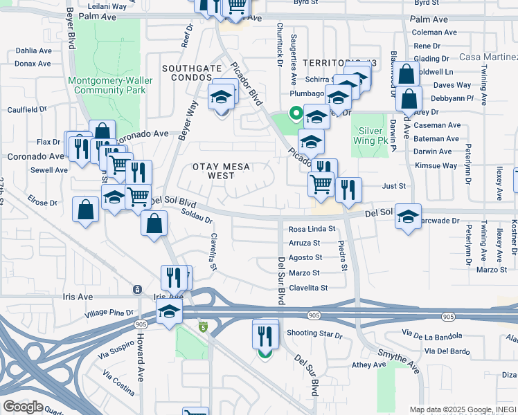 map of restaurants, bars, coffee shops, grocery stores, and more near 3454 Del Sol Boulevard in San Diego