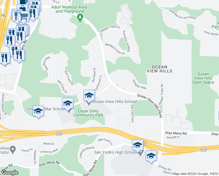 map of restaurants, bars, coffee shops, grocery stores, and more near 1320 Calle Sandcliff in San Diego