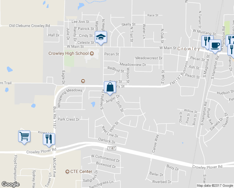 map of restaurants, bars, coffee shops, grocery stores, and more near 447 Angler Drive in Crowley