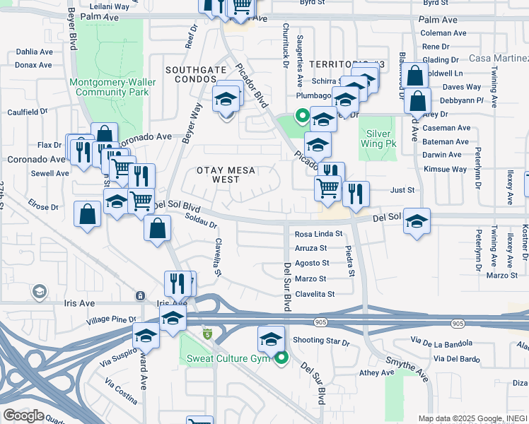 map of restaurants, bars, coffee shops, grocery stores, and more near 3454 Del Sol Boulevard in San Diego