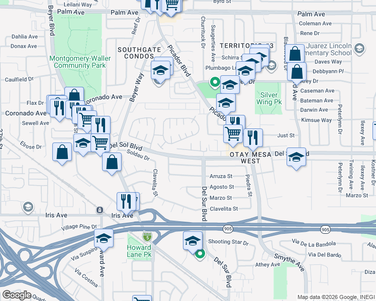 map of restaurants, bars, coffee shops, grocery stores, and more near 3414 Del Sol Boulevard in San Diego