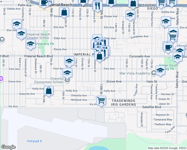 map of restaurants, bars, coffee shops, grocery stores, and more near 1241 Florence Street in Imperial Beach