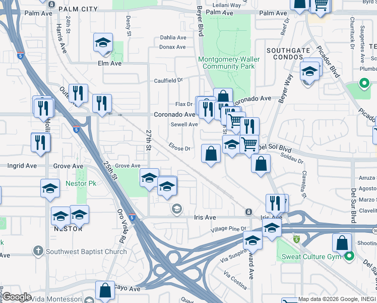 map of restaurants, bars, coffee shops, grocery stores, and more near 2865 Elrose Drive in San Diego