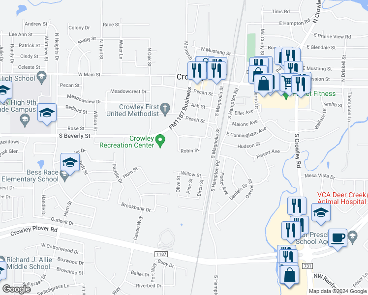 map of restaurants, bars, coffee shops, grocery stores, and more near 304 Robin Street in Crowley