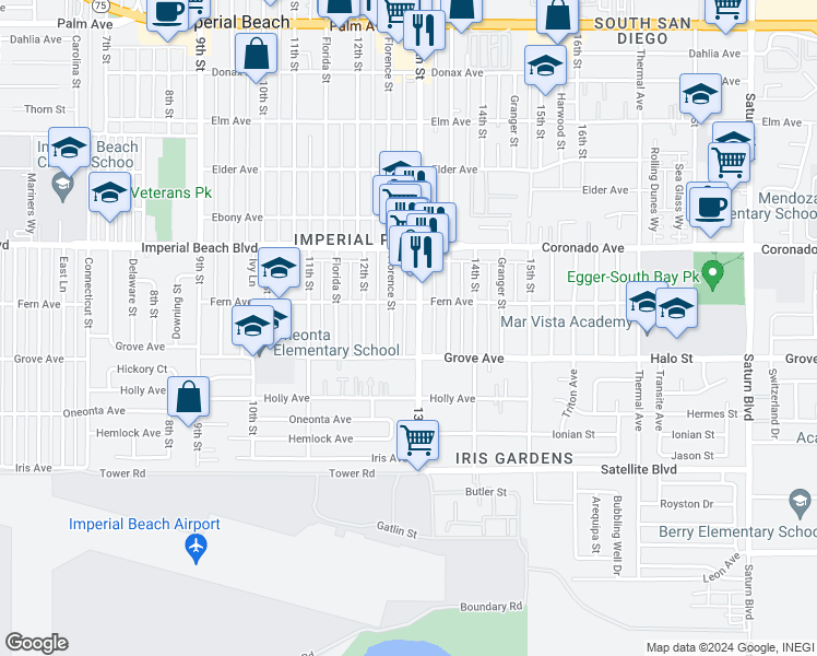 map of restaurants, bars, coffee shops, grocery stores, and more near 1254 13th Street in Imperial Beach