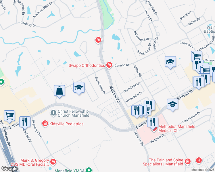 map of restaurants, bars, coffee shops, grocery stores, and more near 701 Matlock Rd in Mansfield