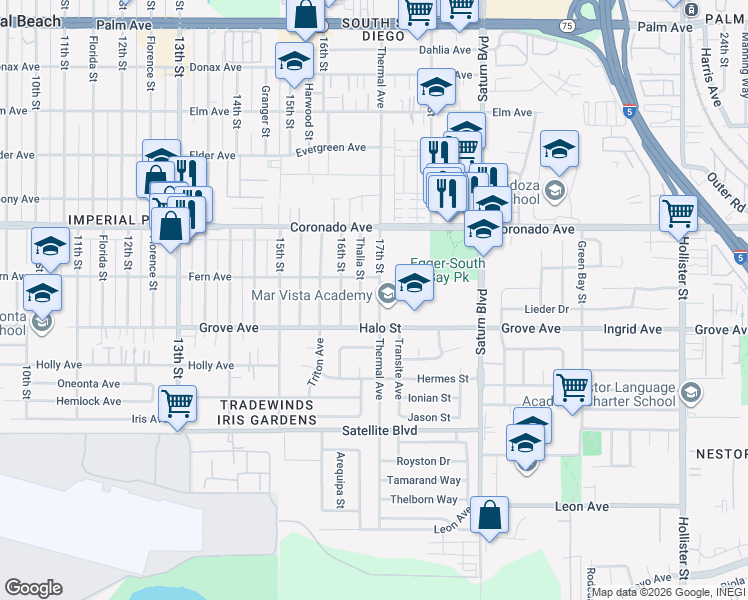 map of restaurants, bars, coffee shops, grocery stores, and more near 1233 Thalia Street in San Diego