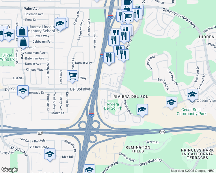 map of restaurants, bars, coffee shops, grocery stores, and more near 1196 Dennery Road in San Diego