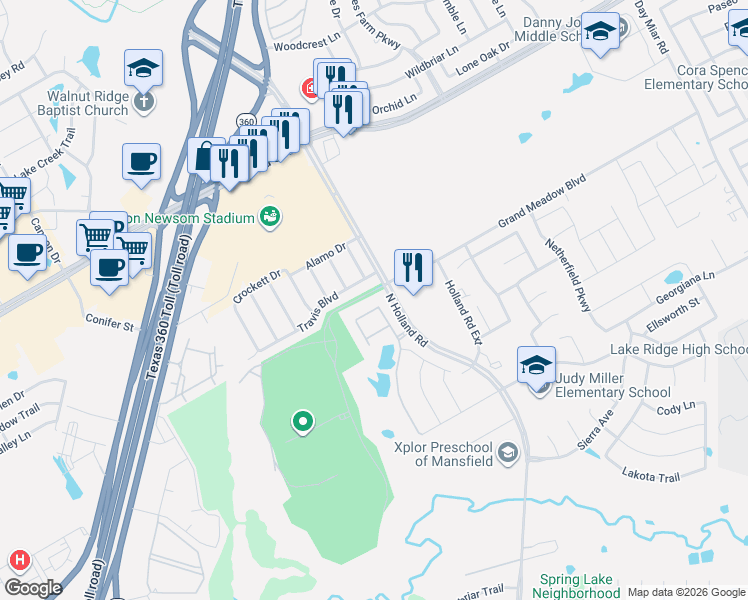 map of restaurants, bars, coffee shops, grocery stores, and more near 4074 Water Park Circle in Mansfield