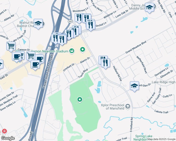 map of restaurants, bars, coffee shops, grocery stores, and more near 4004 Travis Boulevard in Mansfield
