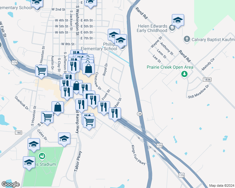map of restaurants, bars, coffee shops, grocery stores, and more near 1418 Royal Drive in Kaufman
