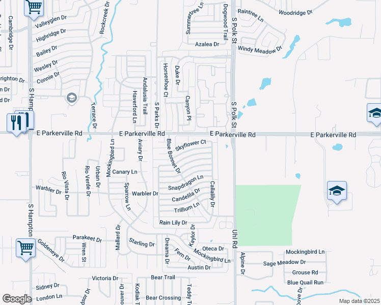 map of restaurants, bars, coffee shops, grocery stores, and more near 733 Snowy Orchid Drive in DeSoto
