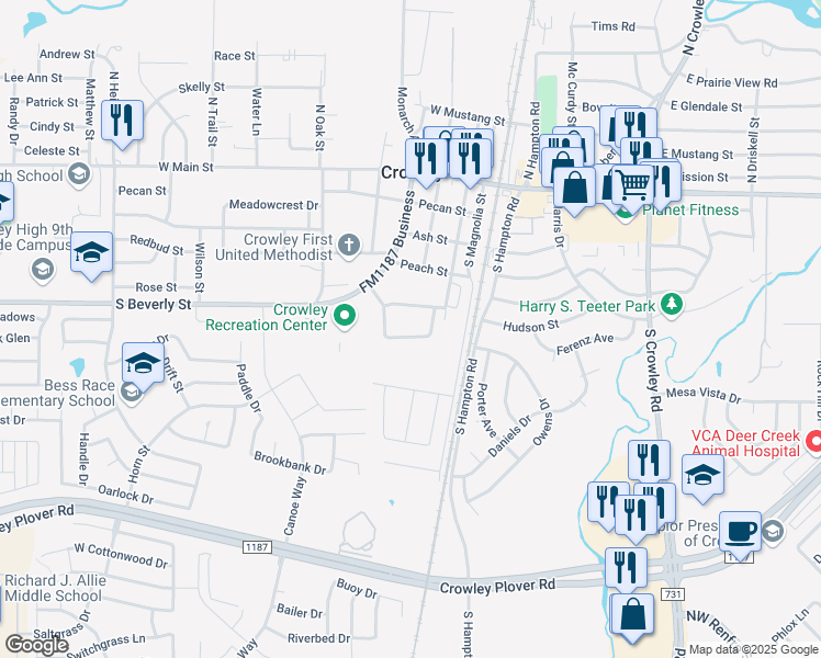 map of restaurants, bars, coffee shops, grocery stores, and more near 208 Robin Street in Crowley