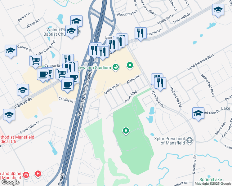 map of restaurants, bars, coffee shops, grocery stores, and more near 715 San Antonio Trail in Mansfield