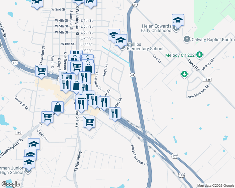 map of restaurants, bars, coffee shops, grocery stores, and more near 1418 Royal Drive in Kaufman
