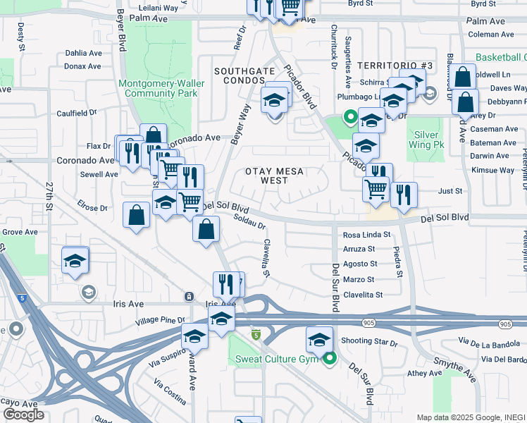 map of restaurants, bars, coffee shops, grocery stores, and more near 3340 Del Sol Boulevard in San Diego