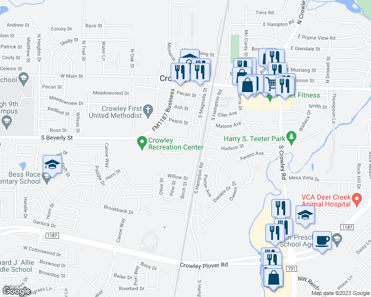 map of restaurants, bars, coffee shops, grocery stores, and more near 411 Heather Street in Crowley