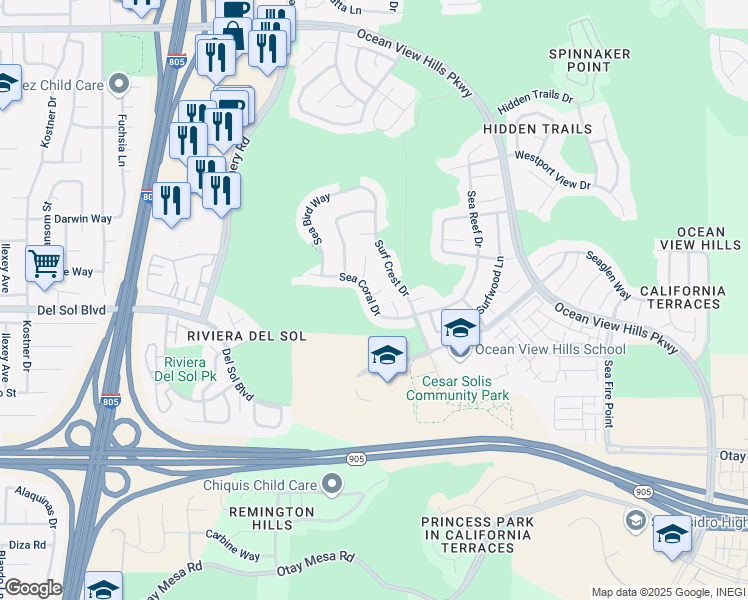 map of restaurants, bars, coffee shops, grocery stores, and more near 4824 Sea Coral Drive in San Diego