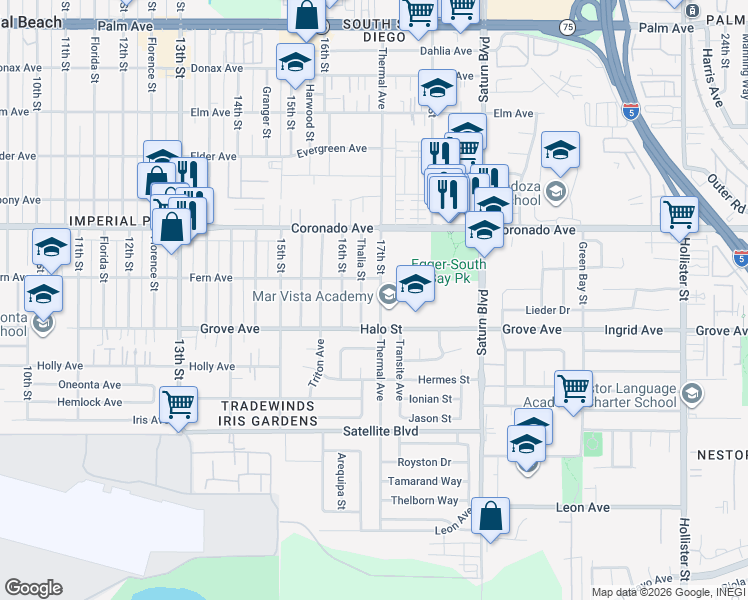 map of restaurants, bars, coffee shops, grocery stores, and more near 1233 Thalia Street in San Diego