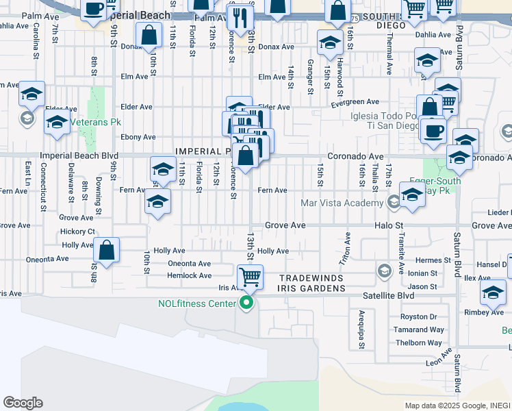 map of restaurants, bars, coffee shops, grocery stores, and more near 1234 Georgia Street in Imperial Beach