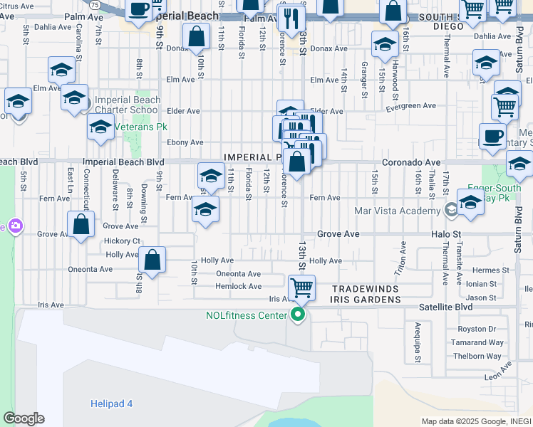 map of restaurants, bars, coffee shops, grocery stores, and more near 1236 12th Street in Imperial Beach