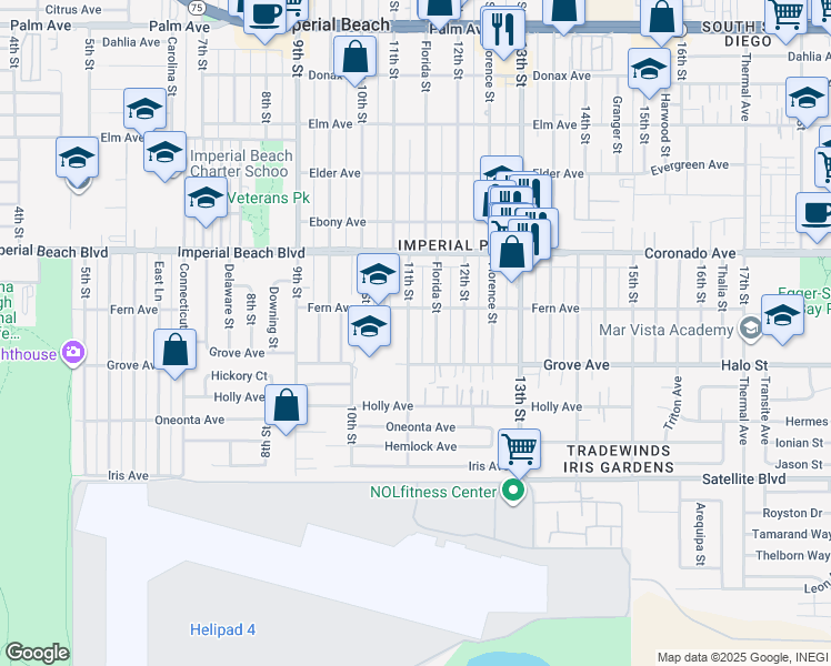 map of restaurants, bars, coffee shops, grocery stores, and more near 1231 11th Street in Imperial Beach