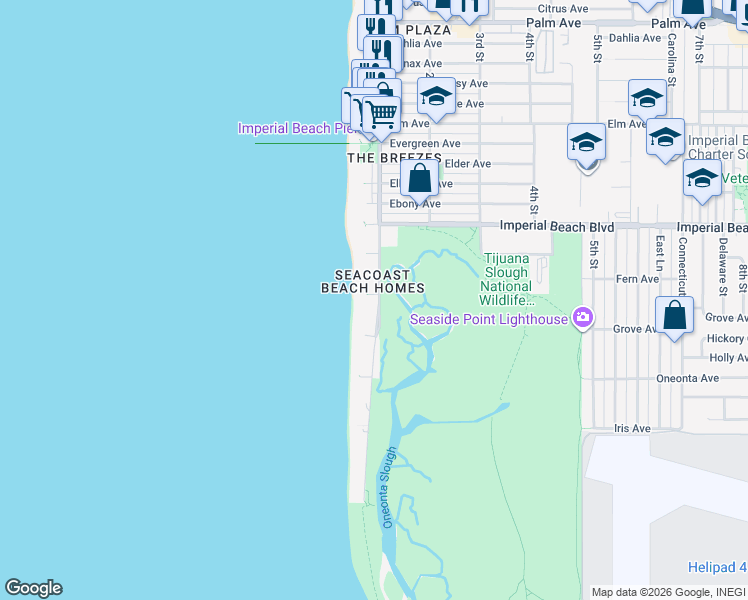 map of restaurants, bars, coffee shops, grocery stores, and more near 1252 Seacoast Drive in Imperial Beach