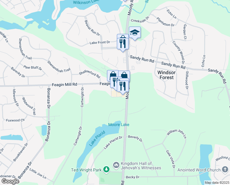 map of restaurants, bars, coffee shops, grocery stores, and more near 2607 Moody Road in Warner Robins