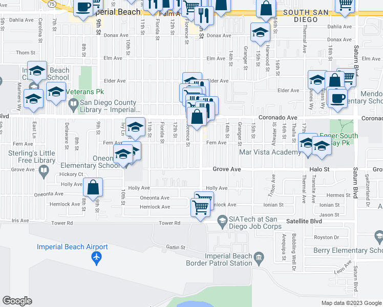 map of restaurants, bars, coffee shops, grocery stores, and more near 1243 Florence Street in Imperial Beach
