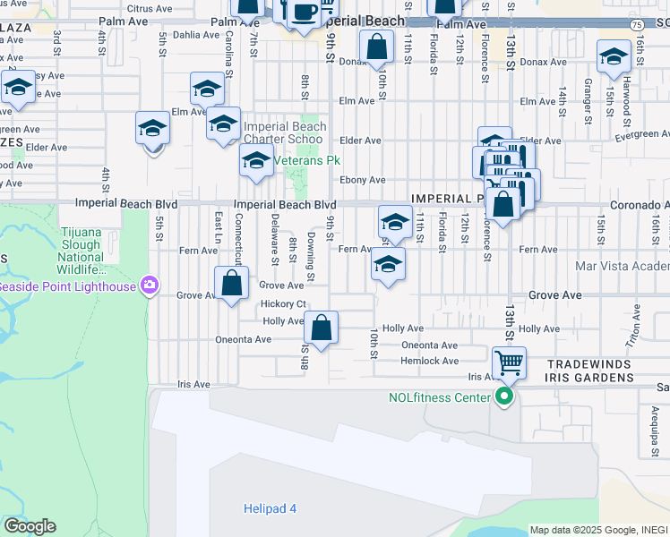 map of restaurants, bars, coffee shops, grocery stores, and more near 1235 9th Street in Imperial Beach