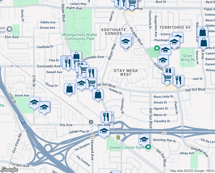 map of restaurants, bars, coffee shops, grocery stores, and more near 3236 Soldau Drive in San Diego