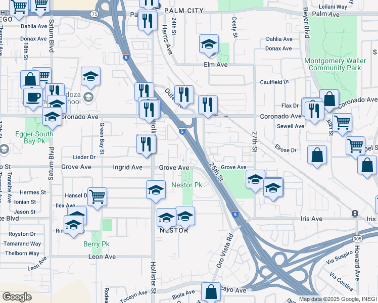 map of restaurants, bars, coffee shops, grocery stores, and more near 1177 Tesoro Grove Way in San Diego