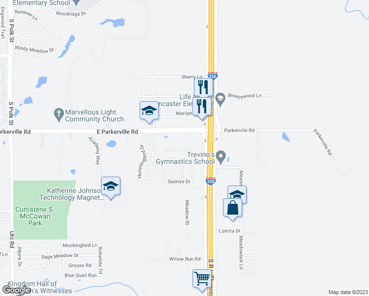 map of restaurants, bars, coffee shops, grocery stores, and more near 1327 Windmill Trail in DeSoto