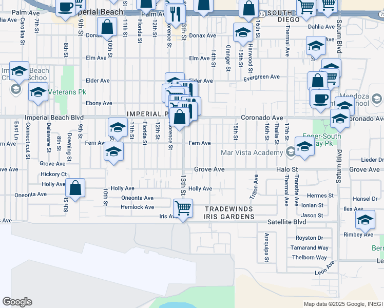 map of restaurants, bars, coffee shops, grocery stores, and more near 1234 Georgia Street in Imperial Beach