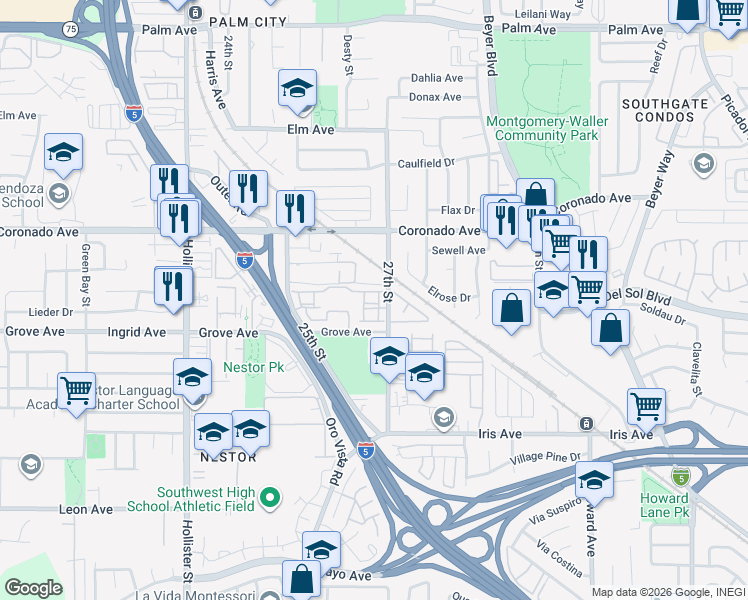 map of restaurants, bars, coffee shops, grocery stores, and more near 2678 Caminito Secoya in San Diego