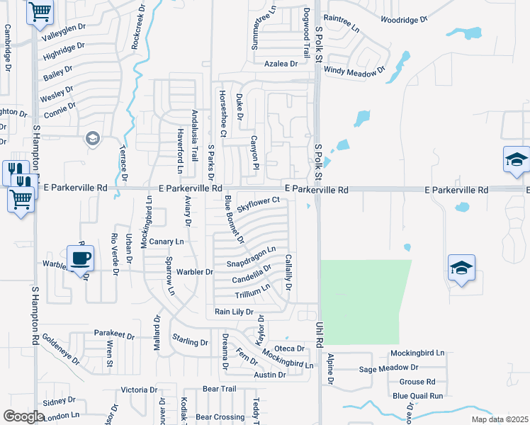 map of restaurants, bars, coffee shops, grocery stores, and more near 733 Snowy Orchid Drive in DeSoto