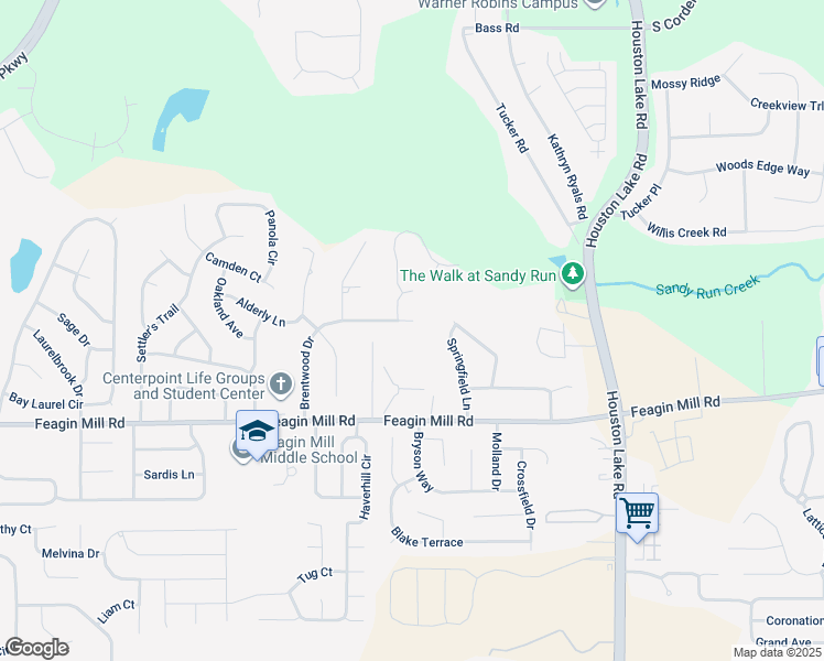 map of restaurants, bars, coffee shops, grocery stores, and more near 900 Brentwood Drive in Warner Robins