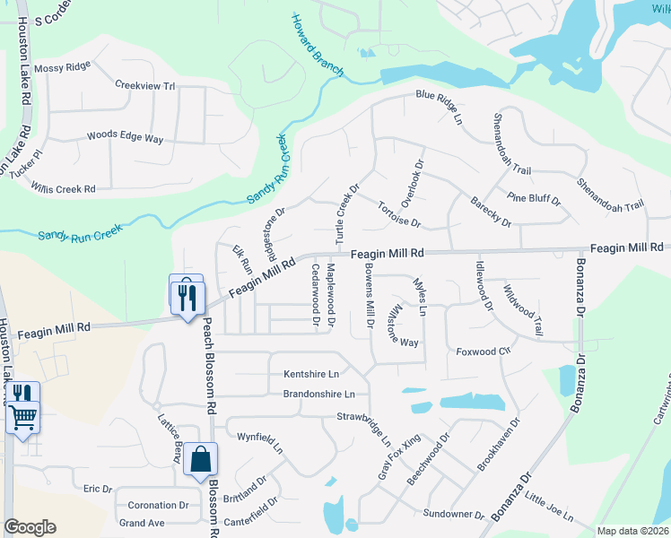 map of restaurants, bars, coffee shops, grocery stores, and more near 500 Feagin Mill Road in Warner Robins